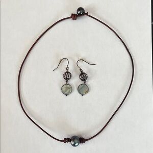 Brown Leather Cord Necklace and Iridescent Drop Earrings Set